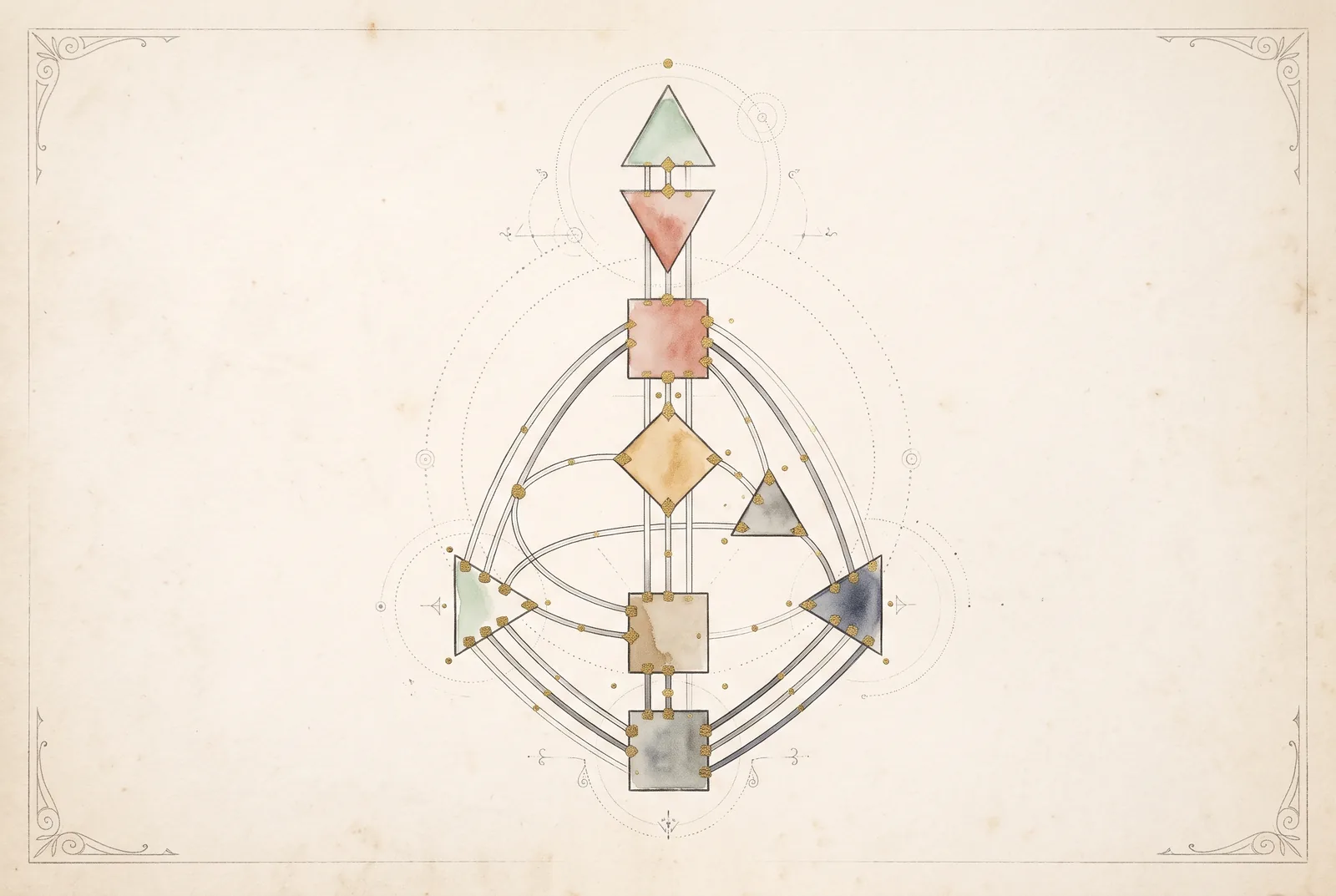 A Human Design bodygraph: nine centers joined by channels, drawn in watercolor on old paper