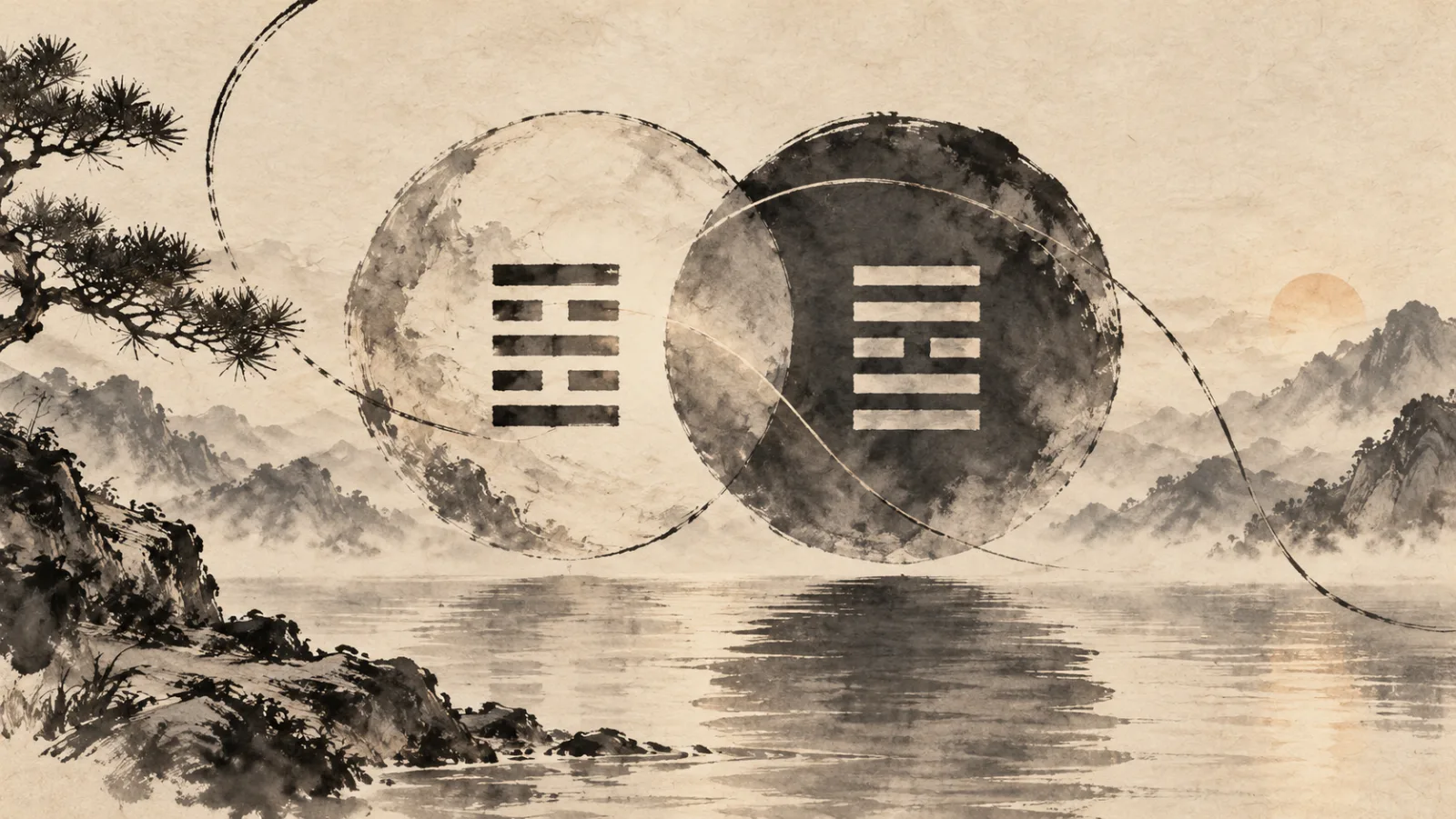 Ink painting of two overlapping circles over a misty lake, each holding a hexagram, one light and one dark, with their outlines crossing where they meet