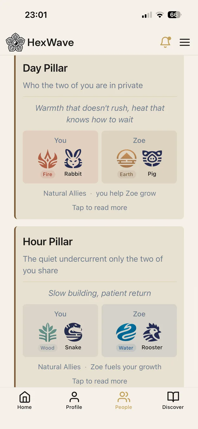 iPhone screenshot of the HexWave app Zodiac tab showing the Day Pillar card, a Fire Rabbit beside an Earth Pig labelled Natural Allies, and the Hour Pillar card, a Wood Snake beside a Water Rooster