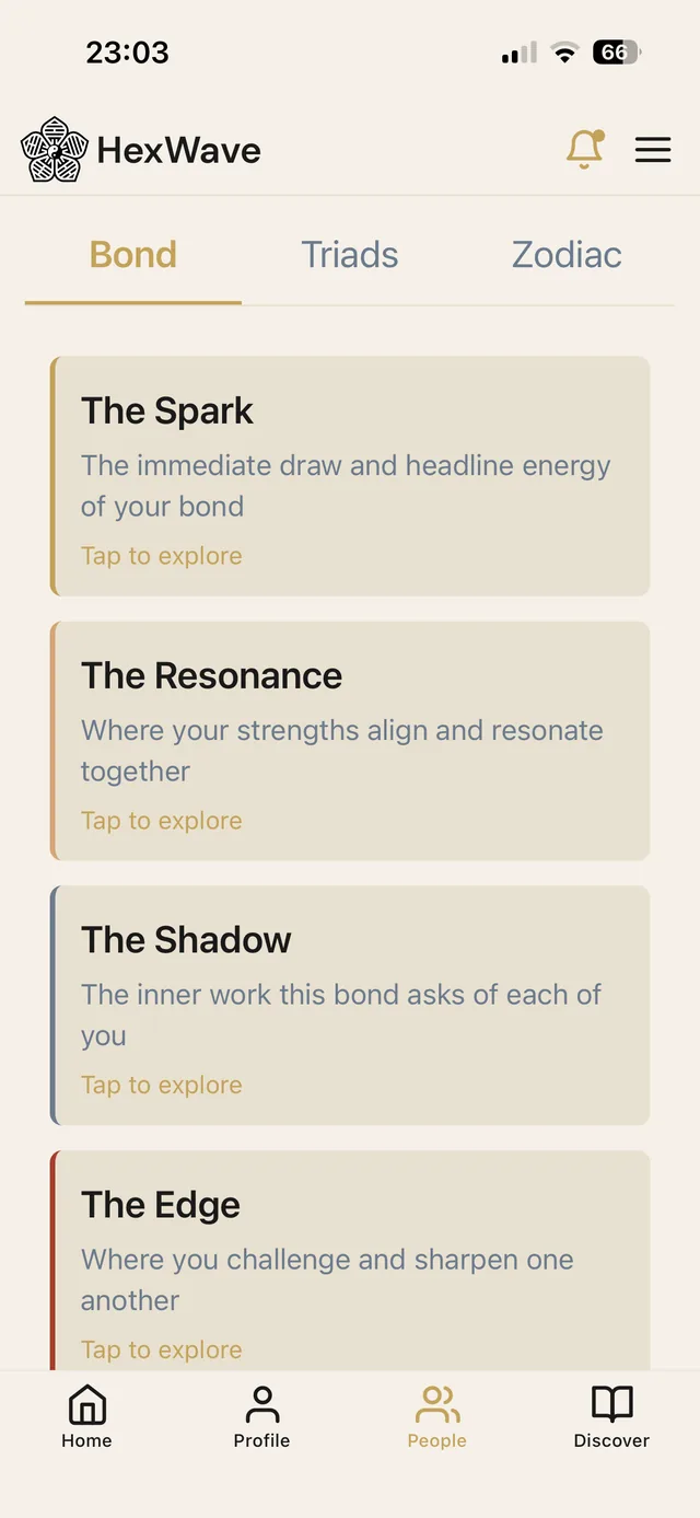 iPhone screenshot of the HexWave app Bond tab listing the five lenses of a mutual map: The Spark, The Resonance, The Shadow, The Edge, each with a short description and a tap to explore prompt