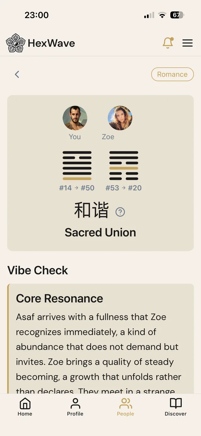 iPhone screenshot of the HexWave app showing a mutual map on the romance scale: two people's birth hexagrams side by side, hexagram 14 changing to 50 and hexagram 53 changing to 20, under the tier name Sacred Union, with the Vibe Check reading starting below