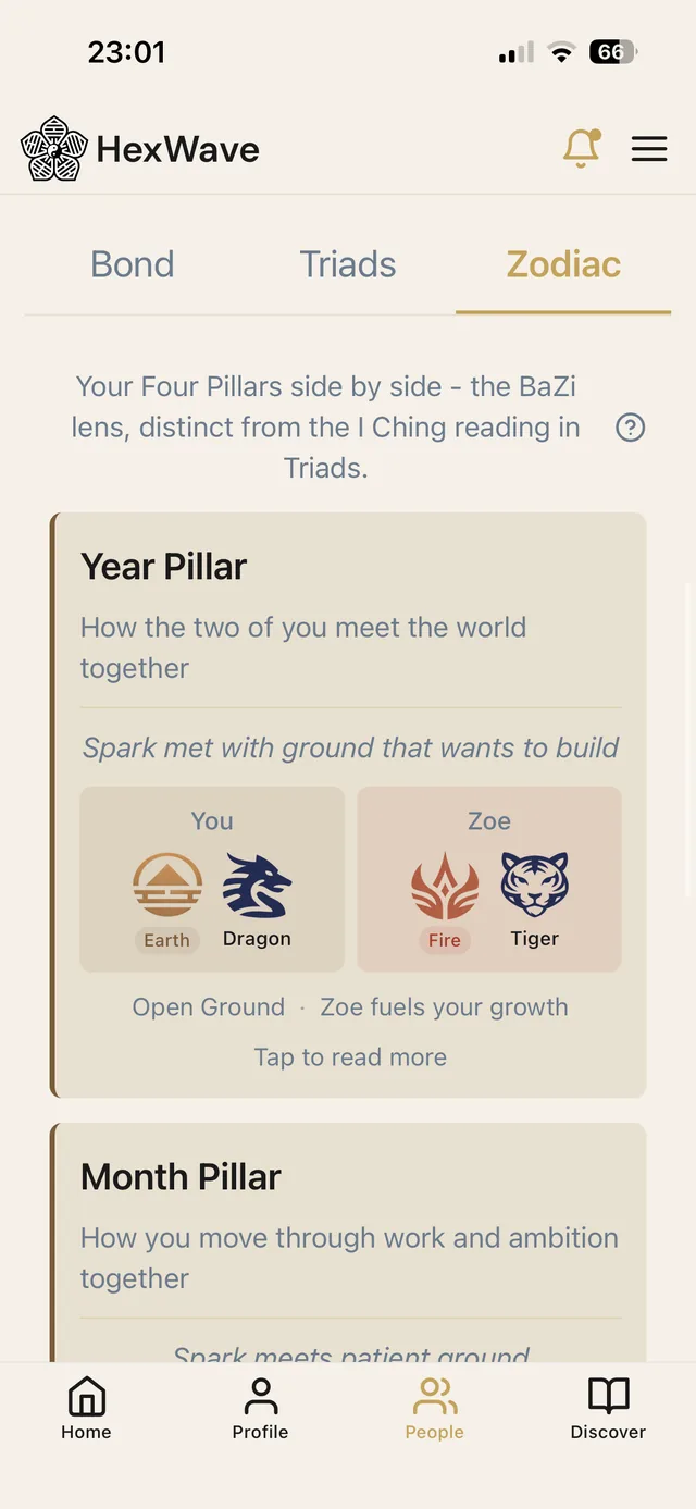 iPhone screenshot of the HexWave app Zodiac tab: the Year Pillar card compares an Earth Dragon with a Fire Tiger and names the relation Open Ground, with the Month Pillar card starting below